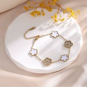 Gold-Toned Stainless Steel White & Stones Flower Motif Bracelet